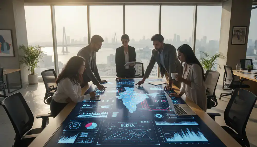 Strategy team analyzing marketing data in a modern Mumbai office